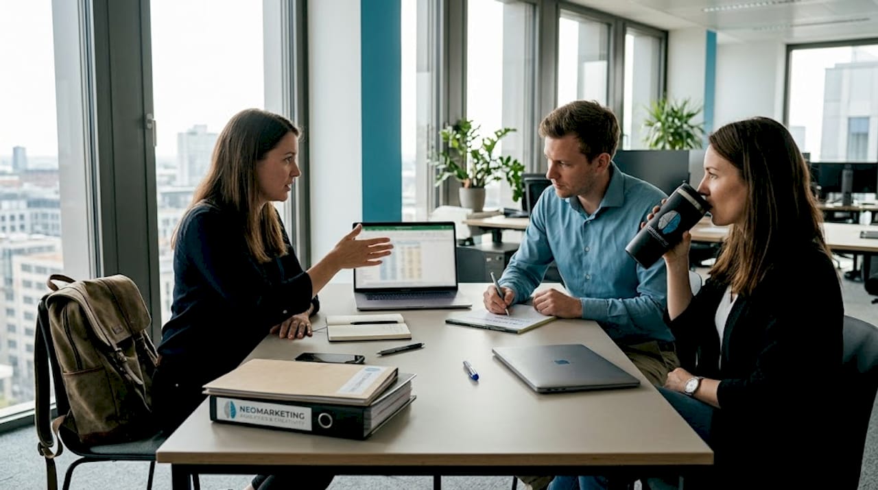 Ein Team bespricht im Büro verschiedene Marketingstrategien.