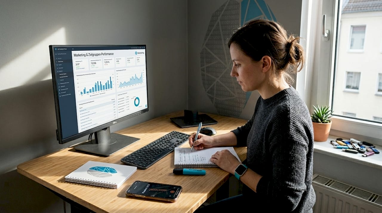 Eine Frau analysiert die Besucherzahlen ihrer Landingpage im Homeoffice.