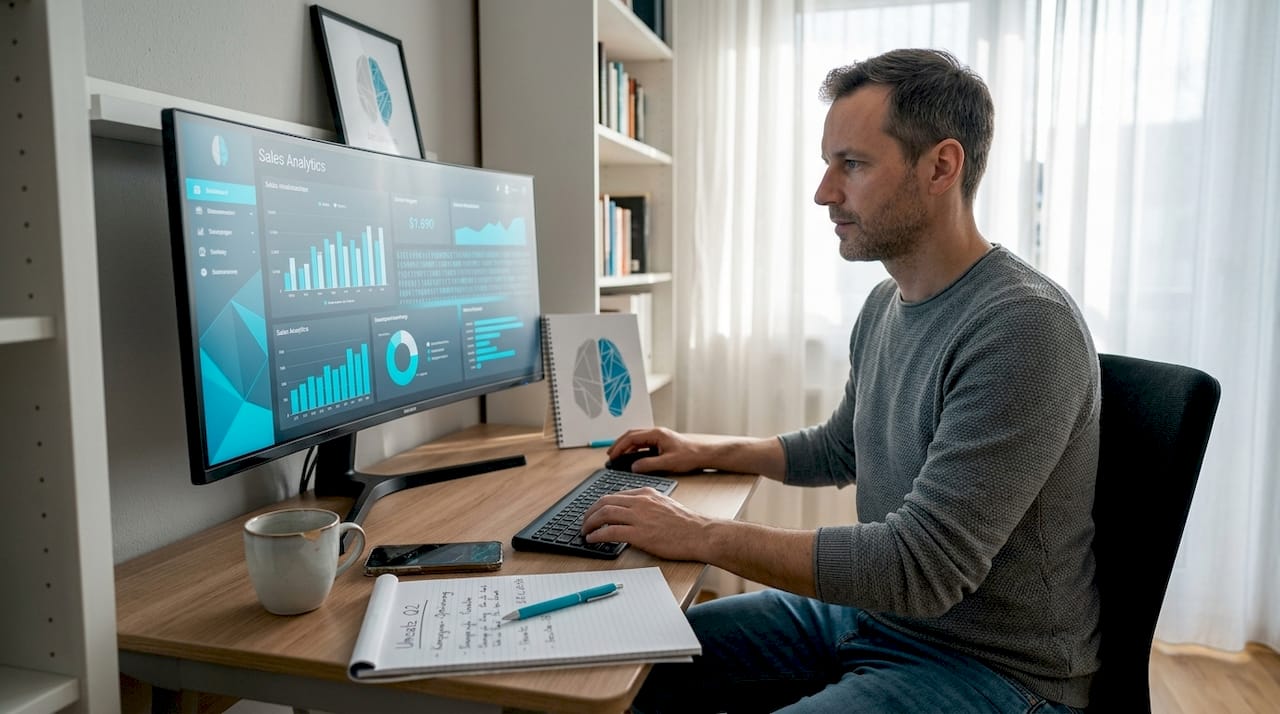 Ein Mann sitzt am Schreibtisch und wertet die Kennzahlen seines Online-Shops aus.