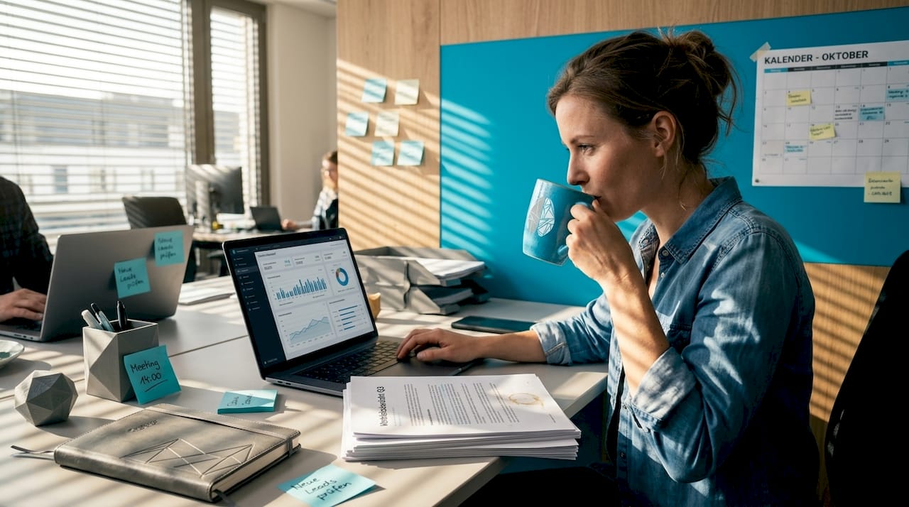 Eine Mitarbeiterin überprüft im E-Commerce-Büro aktuelle Geschäftsdaten.