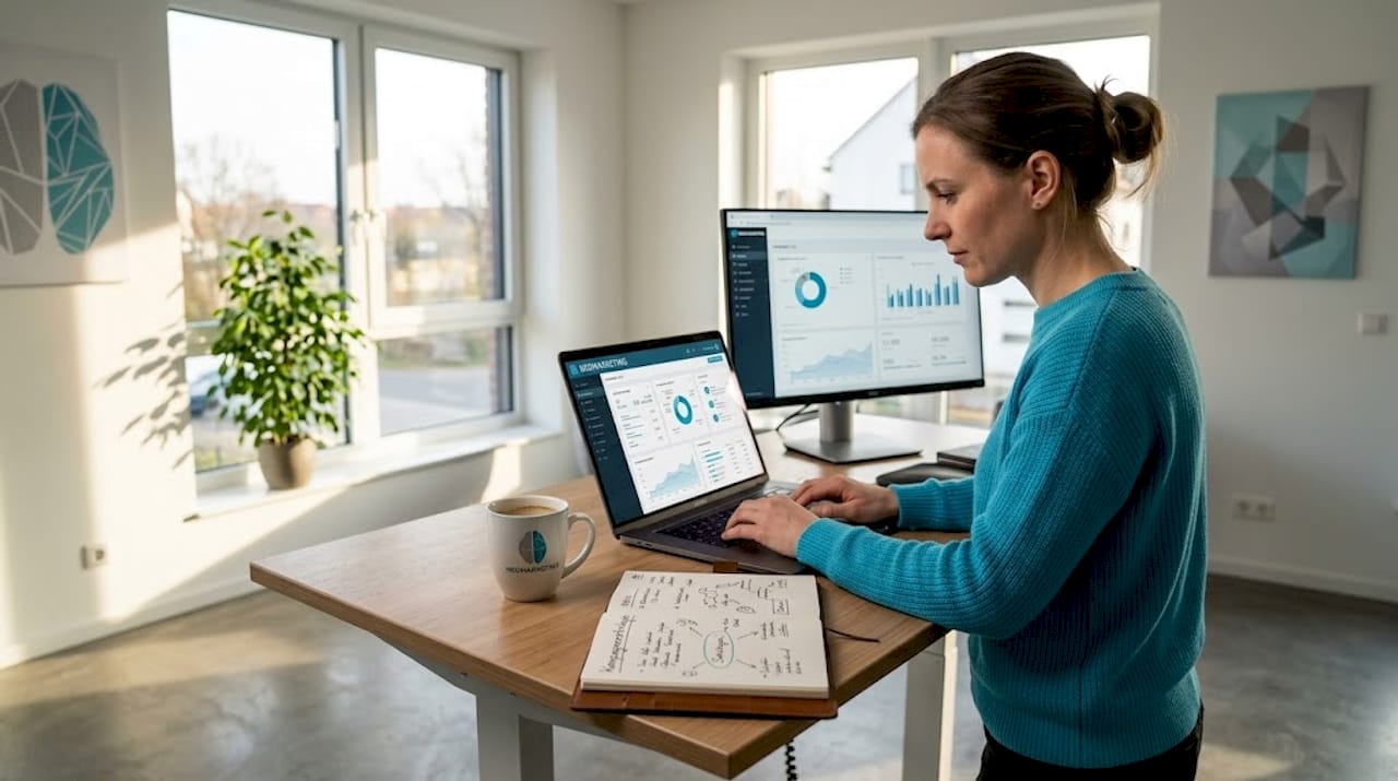 Eine Frau sitzt am Schreibtisch und kümmert sich um die Automatisierung von Marketingprozessen.