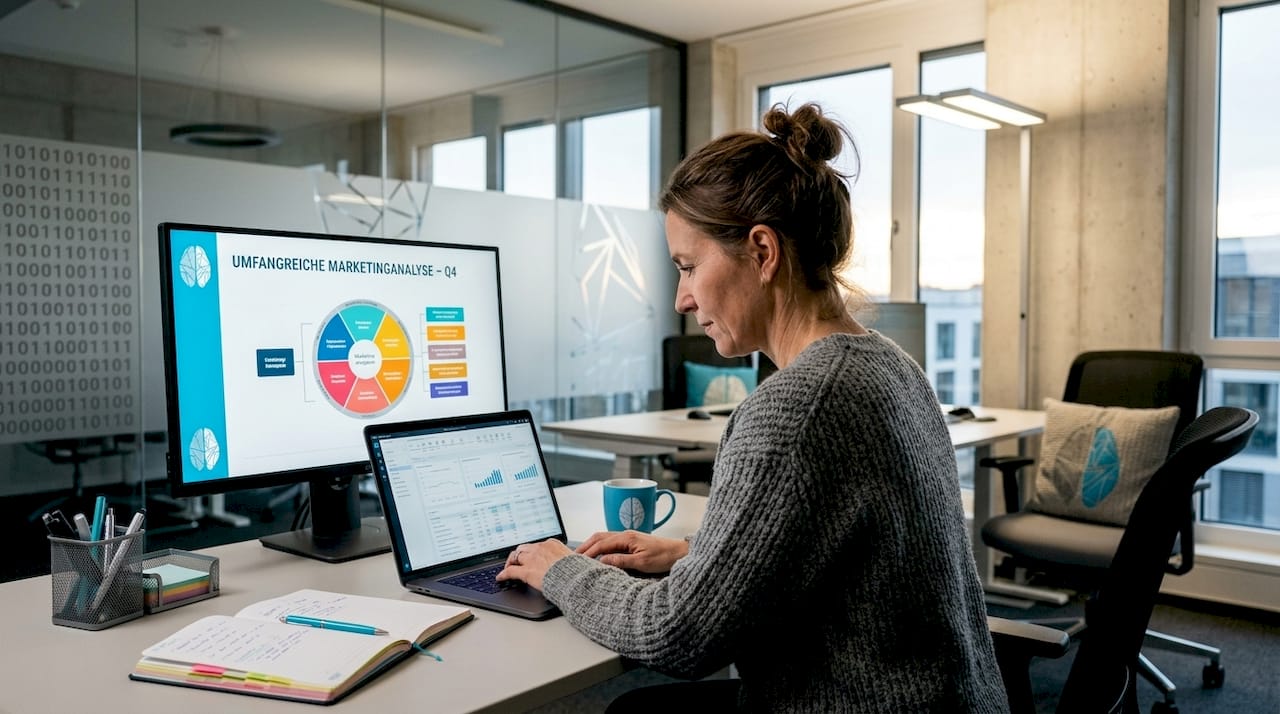 Eine Frau sitzt an ihrem Schreibtisch im Homeoffice und analysiert einen Marketingbericht.